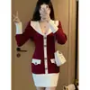 Vestido de punto rojo con cuello estilo coreano para Año Nuevo para mujer, Otoño e Invierno Nuevo Elegante Bodycon Corto