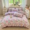 Conjunto de Gaze Franzida tipo Nuvem de Quatro Peças Rosa-tons Flor de Rosa Roxo Claro Estilo Pastoral Suave Roupa de Cama para Quarto de Meninas Pode ser Enviado por Dropshipping