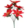 Flores de Navidad Artificiales con Etiquetas Europeas, Hojas Impresas en Seda, Ramo de Flor de Pascua de 7 Cabezas, Venta al por Mayor desde el Fabricante, Certificación Transfronteriza de Navidad