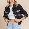 2023 Amazon Estación Independiente Nuevas Explosiones Chaqueta de Mezclilla Costuras Estampado Leopardo Lavada Vieja Agujero Chaqueta para Mujer