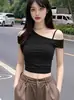 Nuevo Estilo Top Corto Puro Deseo para Chicas Calientes, Un Hombro Negro Escote Asimétrico, Top Pequeño Único y Chic, Camiseta de Manga Corta de Verano para Mujer