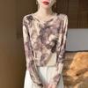 Venta al por Mayor Transfronteriza 2025 Verano para Mujer Camiseta Básica Casual de Punto de Manga Larga con Cuello Redondo y Estampado Tie-Dye Top Tejido para Mujer Verano
