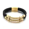 Pulsera de cordón de cuero negro de doble capa estilo business exclusiva transfronteriza con brazalete de alambre tejido de acero inoxidable para hombre