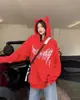 Moletom retrô americano outono e inverno, marca da moda, novo estilo espesso, top vermelho estiloso, moletom com capuz de diabinho