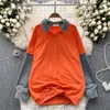 Suéter falso de duas peças de alta qualidade estilo europeu e americano retrô feminino outono e inverno solto costura de jeans design de rua nicho top