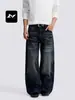Jeans escuro estilo retro americano rico para homens e mulheres, corte solto, com um distinto design de bigode de gato, calça casual de perna reta larga