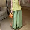 Calças Xadrez Verdes Frescas Femininas Estilo Outono Petite Bloom Calças Lanterna Cintura Alta Emagrecedoras Largas Soltas