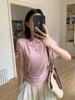Camiseta de Manga Corta a Rayas Verticales Estilo Coreano 2026 Nuevo Modelo de Verano con Dobladillo Curvo y Pinzas Fruncidas en la Cintura Lateral Top Ajustado para Mujer