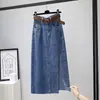 Falda de Mezclilla Bordada de Cintura Alta para Mujer de Longitud Media 2023 Otoño Nueva Delgado Cadera Dividida Falda-Vestido de Línea A Tendencia