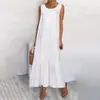 Vestido Chaleco Sin Mangas de Algodón y Lino de Color Sólido Transfronterizo, Talla Grande para Mujer, Falda Larga Holgada Q281, Elegante para el Trabajo