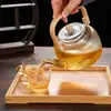 Tetera de Vidrio Transparente con Rayas Verticales Mango de Madera de Bambú Alto Borosilicato Tetera para Hervir Agua y Preparar Té Resistente al Calor para Estufa de Cerámica