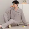 Pijamas de Algodón Puro de Venta Caliente para Hombre Primavera y Otoño Conjunto de Moda Casual Simple Holgado Talla Grande Solapa Manga Larga Ropa de Casa