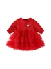 Vestido de malla roja multicapa con retazos para niñas, adecuado para fiestas de cumpleaños, celebraciones del primer cumpleaños y como un vestido festivo estilo princesa