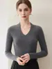 26 Inverno Novo Cashmere Malha 12 Gauge Gola V Manga Longa Feminino Cor Sólida Canelado Slim Fit Suéter Camada Base
