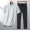 Traje de Verano para Hombre 2026 de Seda Helada Camisa Polo de Manga Corta Pantalones Casuales Estampados de Secado Rápido Traje para Padre de Mediana Edad