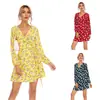 Vestido de manga comprida com estampa floral, gola V, cadarço, cintura média, novo para a Primavera/Verão 2022, para o dia a dia, Amazon transfronteiriça