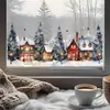 BRUP Pueblo Navideño de Cuento de Hadas Pegatina para Ventana Escena Invernal Acuarela Casas Pinos Copos de Nieve Atmósfera Invernal Pegatina Decorativa para Ventana