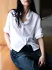 Camisa Blanca de Manga Corta Jcaesar para Mujer, de Tencel y Lino con Borde Enrollado y Textura, Holgada y Relajada