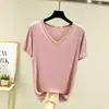 Camiseta feminina de manga curta com decote em V, cor sólida branca de verão, nova camiseta básica feminina de modal estilo coreano