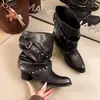 Botas de Cano Curto Jeans Amassado Empilhadas Street Cool Plus Size Outono/Inverno 2026 Nova Moda Bico Fino Botas de Cavaleiro para Calça