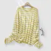 Blusa Suéter de Punto Fino de Manga Larga Tencel para Mujer Verano Nuevo Estilo Coreano Holgado Rayas Jersey Camisa Protectora Solar para Mujer