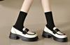 Sapatos Loafers Femininos com Plataforma e Salto Bloco Grossos Novo Estilo Francês Britânico Sapatos de Couro Preto com Solado Macio para Mulheres