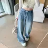 Jeans wide leg retrô americano para mulheres, novo estilo outono 2026, estampa de bambu, cintura alta, modelagem que emagrece, calça pantalona solta de comprimento total