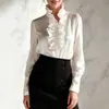 2026 Nueva Camisa Blanca de Acetato Estilo Francés de Doble Capa con Volantes de Encaje, Cuello Alto, Adelgazante, con Mangas Abullonadas