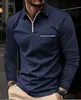 Camisa Polo de Color Sólido de Manga Larga para Hombre Primavera y Otoño Nueva con Bolsillo de Solapa Estampado 3D Pantalones con Cremallera Top Casual para Hombre