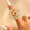 Anel de Argola de Pérola Exagerado Estiloso Retro de Aço Inoxidável Transfronteiriço Europeu e Americano Anel Espiral para Dedo Indicador Feminino