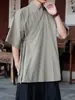 Bata holgada, imitación lino, talla grande, manga corta, inspirada en el Zen, cárdigan de estilo antiguo para hombre, con cuello cruzado y tapeta diagonal, chaqueta Hanfu, estilo chino de verano