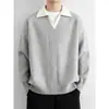 Suéter de Tricô Falso Duas Peças com Decote V para Homem, Estilo Americano Outono e Inverno, Estilo Cool Old Money, Suéter Casual Color-Blocking com Gola Reversível