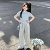 Moda Feminina Camisa Polo Simples e Estilosa Verão Novo Estilo Coreano Calça de Perna Larga Xadrez Conjunto Casual Esportivo de Duas Peças