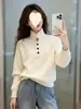 Suéter de punto para mujer con cuello alto abotonado, estilo suave, suéter pullover casual holgado, top de punto juvenil