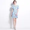 5842 Foto Real Verão Novo Feminino Elegante Moda Retrô Renda Gola Redonda Manga Curta Cintura Marcada Vestido Saia