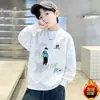 Moletom fino com forro de fleece para meninos, primavera e outono, novo design color block, blusa de manga comprida gola redonda para crianças maiores, blusa quente infantil para outono e inverno