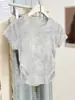 Camiseta de Manga Corta Rosa Tie-Dye Plisada para Chica Atractiva Diseño de Verano para Mujer Top Delgado de Cintura Angosta Camisa de Hombro Derecho