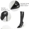 Botas de cano alto para mulheres, estilo europeu e americano, salto alto, bico fino, salto fino, PU macio, zíper lateral, perna reta, estilo de equitação, de origem transfronteiriça, para outono e inverno