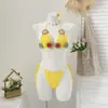 Bikini de Vacaciones en la Costa Europea y Americana de Amazon Tejido a Mano con Flor Tridimensional, Corte Alto, Color Sólido, Protector Solar, Traje Sexy para Mujer