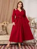 Amazon Transfronteiriça Roupas Femininas Plus Size Vestido Elegante Vermelho de Manga Longa com Decote V e Amarração Plus Size