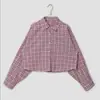 Camisa Xadrez Elegante Coreana Outono 2026 com Lapela Manga Curta e Longa para Mulheres, Camisola Fina Doce e Picante, Tendência de Estilo Preguiçoso