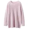 Suéter de punto de cachemira de manga larga con cuello redondo y diseño calado para mujer, suéter versátil de moda para primavera y otoño, camiseta básica simple y elegante