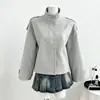 Casaco de lã feminino liso com gola alta, moda retrô para outono e inverno, apresentando um estilo jovem e preppy adequado para uso casual na rua, e um novo design para vendas transfronteiriças