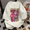 Camiseta Feminina de Algodão Estilo Americano com Estampa de Desenho Animado Manga Curta Verão 2024 Nova Solta Branca Cinza Versátil Top para Casal