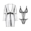 Ropa Interior Erótica Tipo Rosa Deseo Puro Malla Transparente Seductora Body de Pierna Abierta Ajustado Bata Exterior Uniforme Conjunto para Mujer 2896