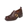 Zapatos de piel de oveja estilo británico de otoño 2024, tacón medio grueso, punta cuadrada, hebilla cuadrada, boca profunda, zapatos de una sola capa para mujer