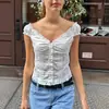 Camiseta de manga corta con volantes estilo ballet, transfronteriza INS, verano, cárdigan ajustado de manga corta con botones y ribete de encaje, top de manga corta con cuello en V, venta al por mayor