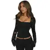 Atacado Transfronteiriço Verão 2025 Novas Roupas Europeias e Americanas Estilo Garota Popular Rendas Sexy em Retalhos Tops Slim de Manga Longa para Mulheres