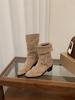 Botas de Salto Alto Bico Fino Camurça Meia-Canela Botas de Cavaleiro Botas Femininas Outono e Inverno 2025 Cor Café Botas Curtas Maillard Botas de Pilha