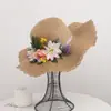 Chapéu de Sol Grande com Flores de Verão para Mulheres, Chapéu de Sol para Proteção Solar em Férias na Praia, Chapéu de Sol de Aba Larga para Exterior, Chapéu de Palha Doce